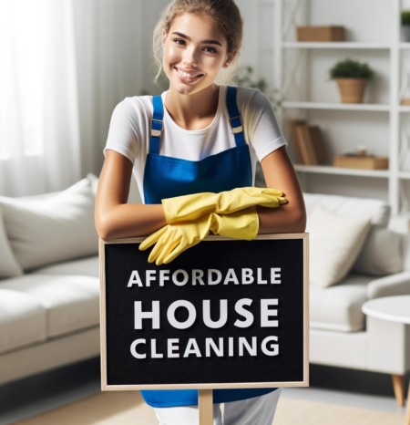 Three women house cleaners and maids wearing blue aprons standing around a sign. The sign reads Castle Pines CO House Cleaning - Affordable Rates . Humble House Cleaning