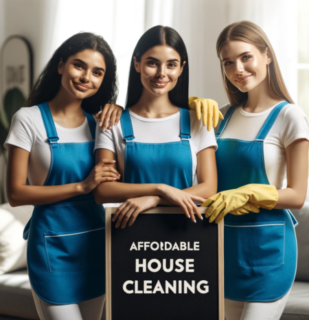 affordable-house-cleaning-centennial-co Three women house cleaners and maids wearing blue aprons standing around a sign. The sign reads Centennial CO House Cleaning - Affordable Rates . Humble House Cleaning