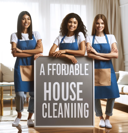 Three women house cleaners and maids wearing blue aprons standing around a sign. The sign reads Castle Rock CO House Cleaning - Affordable Rates . Humble House Cleaning