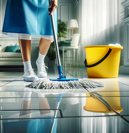 A professional house cleaning woman wearing a blue apron mopping a floor in castle pines co. Working for Humble House Cleaning Castle Pines CO.