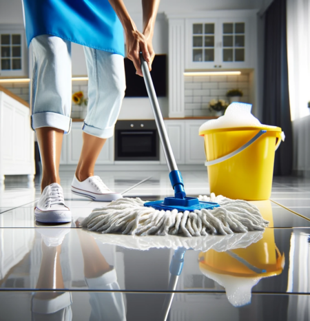 columbine-co-house-cleaning-mopping-floor A professional house cleaning woman wearing a blue apron mopping a floor in Columbine co. Working for Humble House Cleaning Columbine CO.