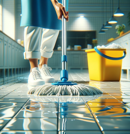 cottonwood-co-house-cleaning-mopping-floor A professional house cleaning woman wearing a blue apron mopping a floor in Cottonwood co. Working for Humble House Cleaning Cottonwood CO.