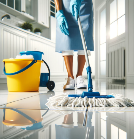 A professional house cleaning woman wearing a blue apron mopping a floor in englewood co. Working for Humble House Cleaning Englewood CO.