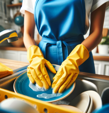 A woman house cleaner wearing a blue apron and white shirt and yellow gloves doing professional house cleaning castle pines co while washing a plate. She works for humble house cleaning castle pines co.