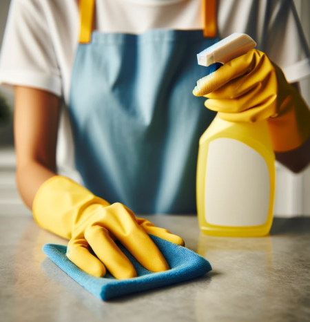 A woman house cleaner wearing a blue apron and white shirt and yellow gloves doing professional house cleaning castle pines co while washing a plate. She works for humble house cleaning castle pines co.