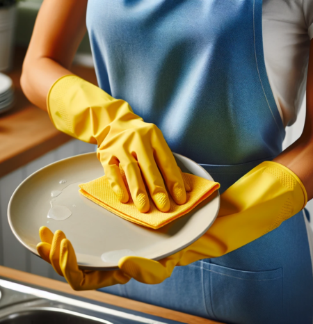 house-cleaning-cherry-hills-village-co-washing-plate A woman house cleaner wearing a blue apron and white shirt and yellow gloves doing professional house cleaning cherry hills village co while washing a plate. She works for humble house cleaning cherry hills village co.