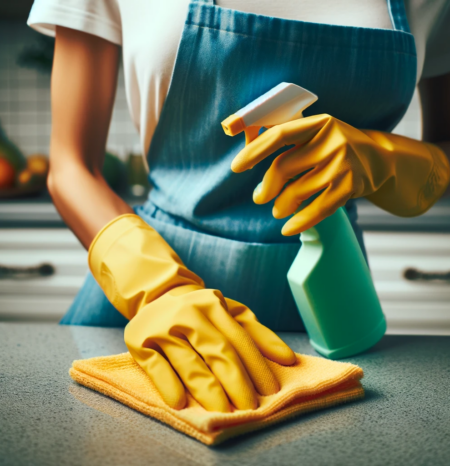 house-cleaning-cherry-hills-village-co-wiping-countertop A woman house cleaner wearing a blue apron and white shirt and yellow gloves doing professional house cleaning cherry hills village co while washing a plate. She works for humble house cleaning cherry hills village co.