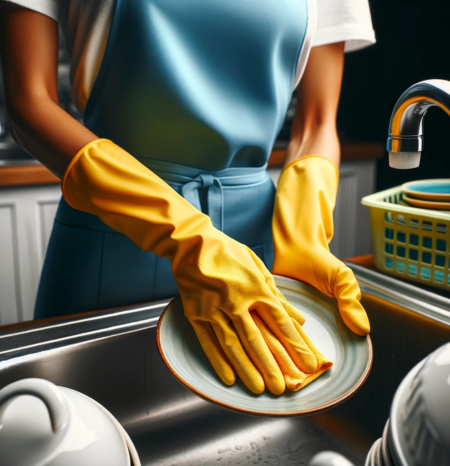 house-cleaning-columbine-co-washing-plate A woman house cleaner wearing a blue apron and white shirt and yellow gloves doing professional house cleaning columbine co while washing a plate. She works for humble house cleaning columbine co.