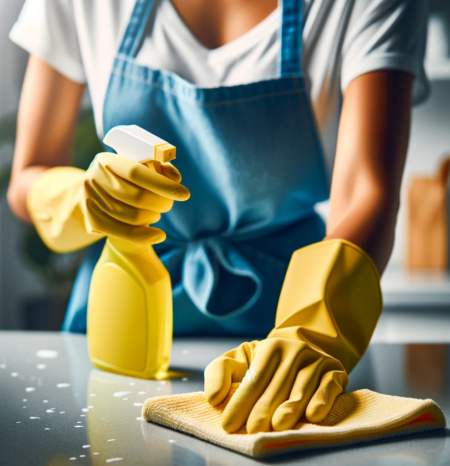 house-cleaning-columbine-co-wiping-countertop A woman house cleaner wearing a blue apron and white shirt and yellow gloves doing professional house cleaning columbine co while washing a plate. She works for humble house cleaning columbine co.