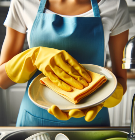house-cleaning-cottonwood-co-washing-plate A woman house cleaner wearing a blue apron and white shirt and yellow gloves doing professional house cleaning cottonwood co while washing a plate. She works for humble house cleaning cottonwood co.