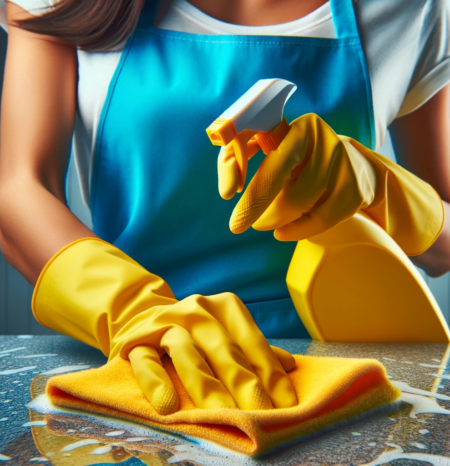 house-cleaning-cottonwood-co-wiping-countertop A woman house cleaner wearing a blue apron and white shirt and yellow gloves doing professional house cleaning cottonwood co while washing a plate. She works for humble house cleaning cottonwood co.