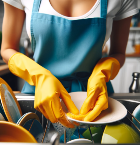 A woman house cleaner wearing a blue apron and white shirt and yellow gloves doing professional house cleaning englewood co while washing a plate. She works for humble house cleaning englewood co.