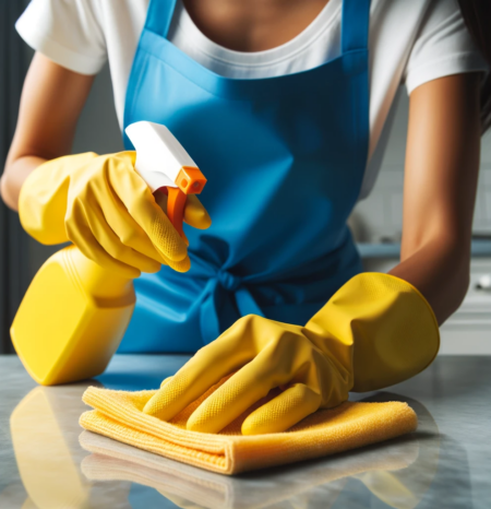 A woman house cleaner wearing a blue apron and white shirt and yellow gloves doing professional house cleaning englewood co while washing a plate. She works for humble house cleaning englewood co.