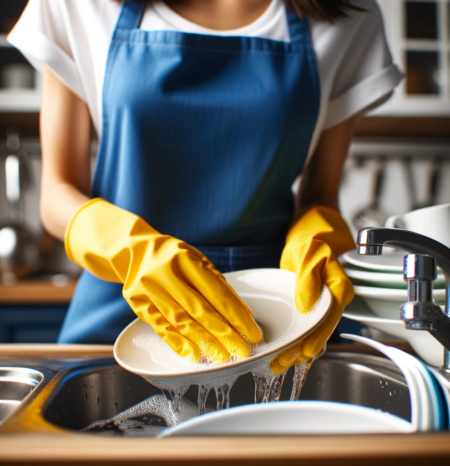 A woman house cleaner wearing a blue apron and white shirt and yellow gloves doing professional house cleaning greenwood village co while washing a plate. She works for humble house cleaning greenwood village co.