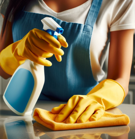 A woman house cleaner wearing a blue apron and white shirt and yellow gloves doing professional house cleaning greenwood village co while washing a plate. She works for humble house cleaning greenwood village co.