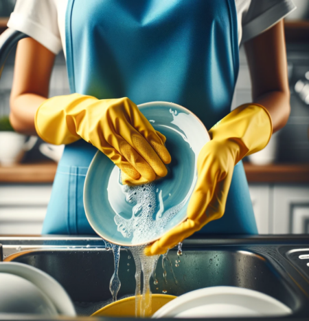 A woman house cleaner wearing a blue apron and white shirt and yellow gloves doing professional house cleaning highlands ranch co while washing a plate. She works for humble house highlands ranch co.