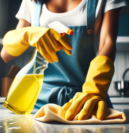 A woman professional house cleaner maid house cleaning highlands ranch co. Wiping kitchen countertop Humble House Cleaning Highlands Ranch Colorado