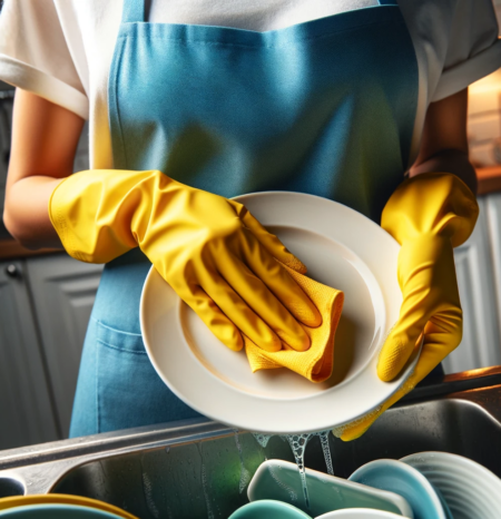 house-cleaning-ken-caryl-co-washing-plate A woman house cleaner wearing a blue apron and white shirt and yellow gloves doing professional house cleaning ken caryl co while washing a plate. She works for humble house cleaning ken caryl co.