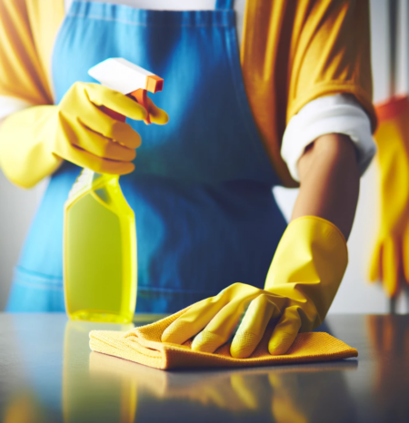 house-cleaning-ken-caryl-co-wiping-countertop A woman house cleaner wearing a blue apron and white shirt and yellow gloves doing professional house cleaning ken caryl co while washing a plate. She works for humble house cleaning ken caryl co.