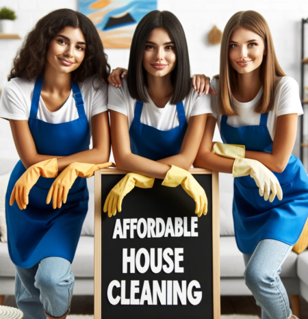 Three women house cleaners and maids wearing blue aprons standing around a sign. The sign reads Littleton CO House Cleaning - Affordable Rates . Humble House Cleaning
