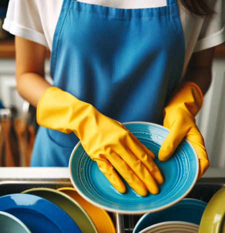 A woman house cleaner wearing a blue apron and white shirt and yellow gloves doing professional house cleaning castle rock co while washing a plate. She works for humble house cleaning castle rock co.