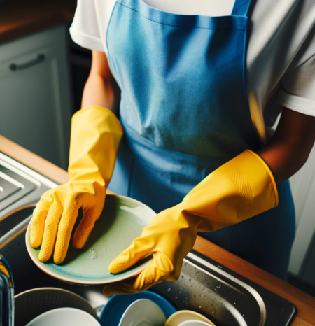 A woman house cleaner wearing a blue apron and white shirt and yellow gloves doing professional house cleaning lone tree co while washing a plate. She works for humble house cleaning lone tree co.