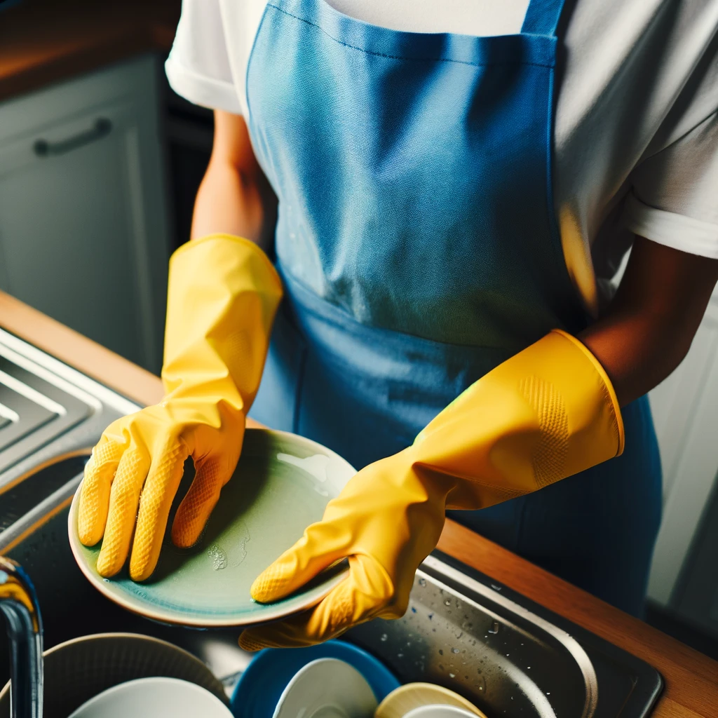 A woman house cleaner wearing a blue apron and white shirt and yellow gloves doing professional house cleaning lone tree co while washing a plate. She works for humble house cleaning lone tree co.