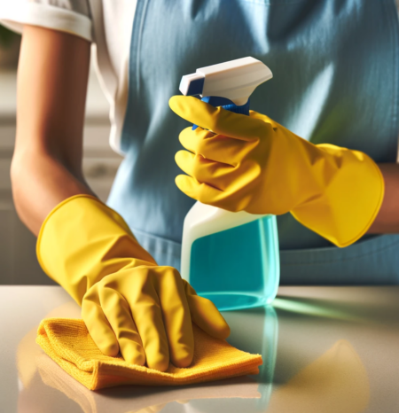 house-cleaning-lone-tree-co-wiping-countertop A woman house cleaner wearing a blue apron and white shirt and yellow gloves doing professional house cleaning lone tree co while washing a plate. She works for humble house cleaning lone tree co.