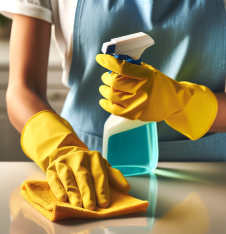 A woman house cleaner wearing a blue apron and white shirt and yellow gloves doing professional house cleaning lone tree co while washing a plate. She works for humble house cleaning lone tree co.