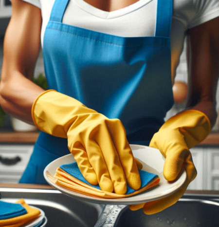 house-cleaning-morisson-co-washing-plate A woman house cleaner wearing a blue apron and white shirt and yellow gloves doing professional house cleaning morisson co while washing a plate. She works for humble house cleaning morisson co.