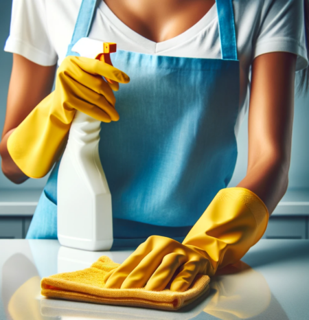 house-cleaning-morisson-co-wiping-countertop A woman house cleaner wearing a blue apron and white shirt and yellow gloves doing professional house cleaning morisson co while washing a plate. She works for humble house cleaning morisson co.