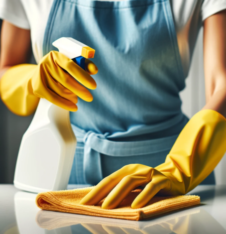 A woman house cleaner wearing a blue apron and white shirt and yellow gloves doing professional house cleaning parker co while washing a plate. She works for humble house cleaning parker co.