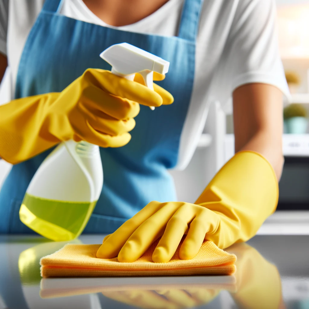 A woman house cleaner wearing a blue apron and white shirt and yellow gloves doing professional house cleaning sheridan co while washing a plate. She works for humble house cleaning sheridan co.