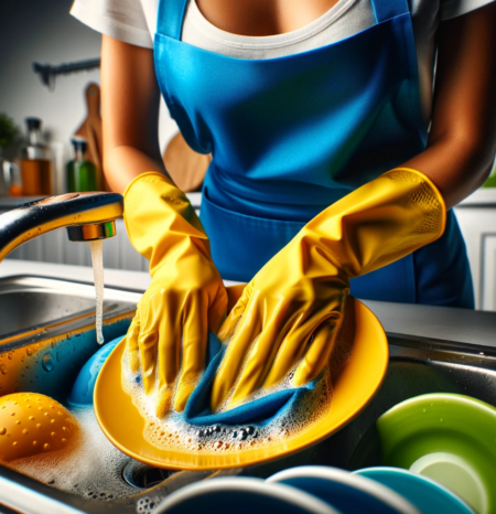 A woman house cleaner wearing a blue apron and white shirt and yellow gloves doing professional house cleaning south denver co while washing a plate. She works for humble house cleaning south denver co.