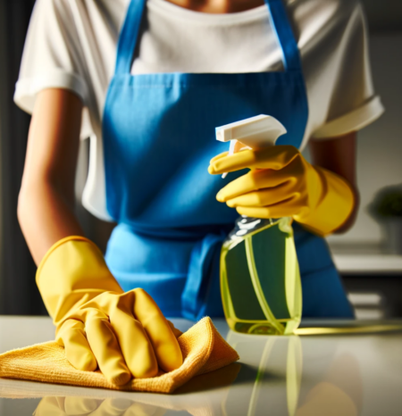 house-cleaning-southglenn-co-wiping-countertop A woman house cleaner wearing a blue apron and white shirt and yellow gloves doing professional house cleaning southglenn co while washing a plate. She works for humble house cleaning southglenn co.