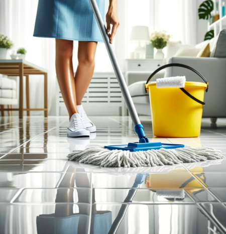 ken-caryl-co-house-cleaning-mopping-floor A professional house cleaning woman wearing a blue apron mopping a floor in Ken Caryl co. Working for Humble House Cleaning Ken Caryl CO.