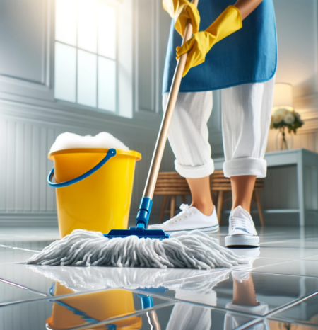 A professional house cleaning woman wearing a blue apron mopping a floor in highlands ranch co. Working for Humble House Cleaning Highlands Ranch CO.