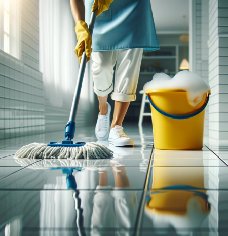 lone-tree-co-house-cleaning-mopping-floor A professional house cleaning woman wearing a blue apron mopping a floor in lone tree co. Working for Humble House Cleaning Lone Tree CO.
