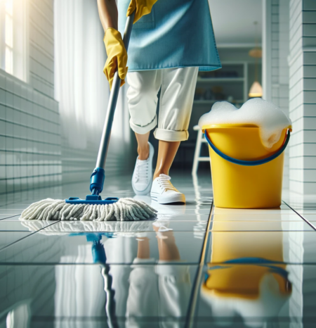 A professional house cleaning woman wearing a blue apron mopping a floor in lone tree co. Working for Humble House Cleaning Lone Tree CO.