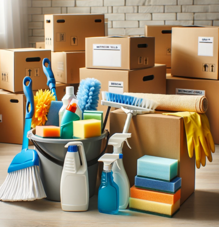 Boxes and cleaning supplies to represent move out cleaning Littleton CO. Humble House Cleaning Littleton CO