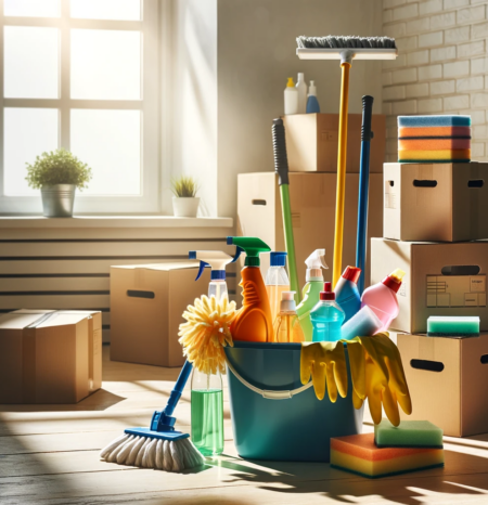 Boxes and cleaning supplies to represent move out cleaning Castle Rock CO. Humble House Cleaning Castle Rock CO