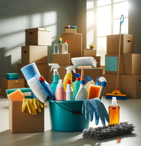 move-out-cleaning-greenwood-village-co Boxes and cleaning supplies to represent move out cleaning Greenwood Village CO. Humble House Cleaning Greenwood Village CO