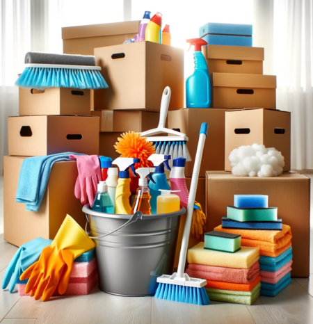 move-out-cleaning-southglenn-co Boxes and cleaning supplies to represent move out cleaning Southglenn CO. Humble House Cleaning Southglenn CO