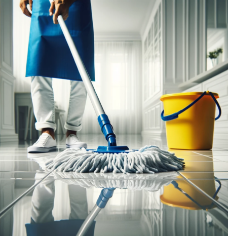 A professional house cleaning woman wearing a blue apron mopping a floor in parker co. Working for Humble House Cleaning Parker CO.