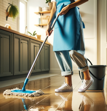 A professional house cleaning woman wearing a blue apron mopping a floor in south denver co. Working for Humble House Cleaning South Denver CO.