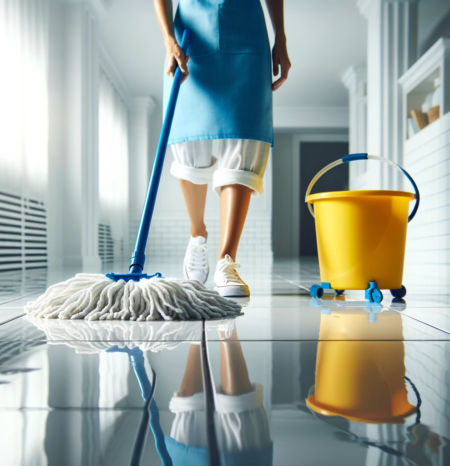 southglenn-co-house-cleaning-mopping-floor A professional house cleaning woman wearing a blue apron mopping a floor in southglenn co. Working for Humble House Cleaning Southglenn CO.