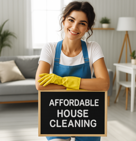 affordable-house-cleaning-cherry-hills-village-co-2 A professional house cleaner for cherry hills village co house cleaning standing behind a sign that reads affordable house cleaning.