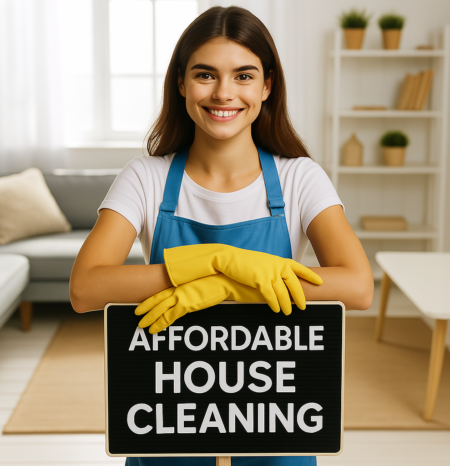 affordable-house-cleaning-columbine-co-2 A professional house cleaner for colombine, co house cleaning stands behind an affordable house cleaning sign.