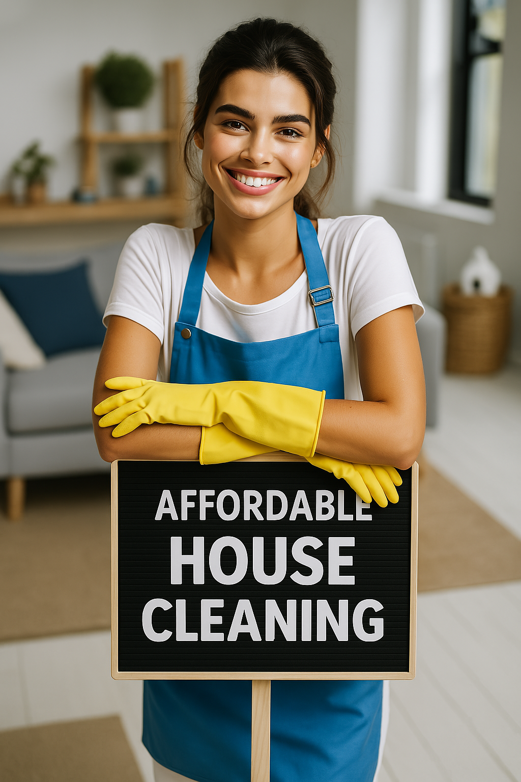 A professional house cleaner from cottonwood co house cleaning stands behind a sign that reads affordable house cleaning.