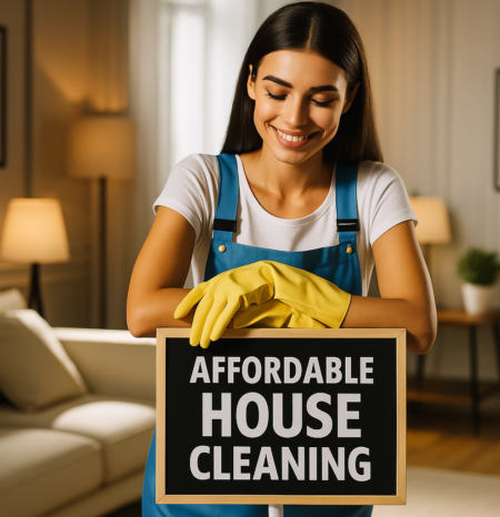 affordable-house-cleaning-lone-tree-co-2 A professional house cleaner for lone tree house cleaning stands behind a sign that reads affordable house cleaning.